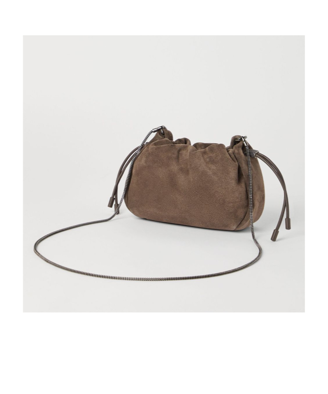 Brunello Cucinelli Soft Suede Drawstring Bag With Chain-link Strap In Brown