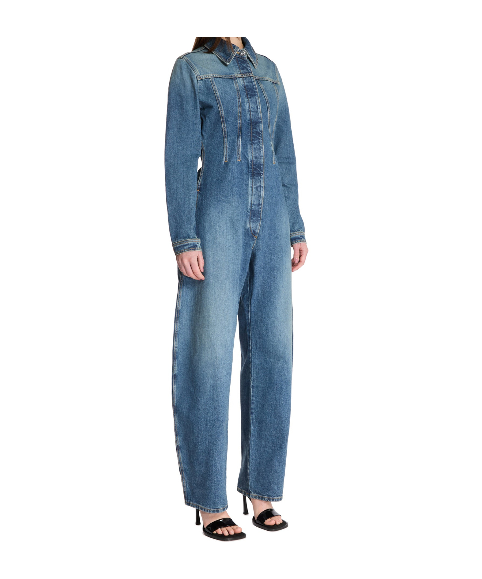 Alaïa Long-sleeve Barrel Wide-leg Denim Jumpsuit In Blue