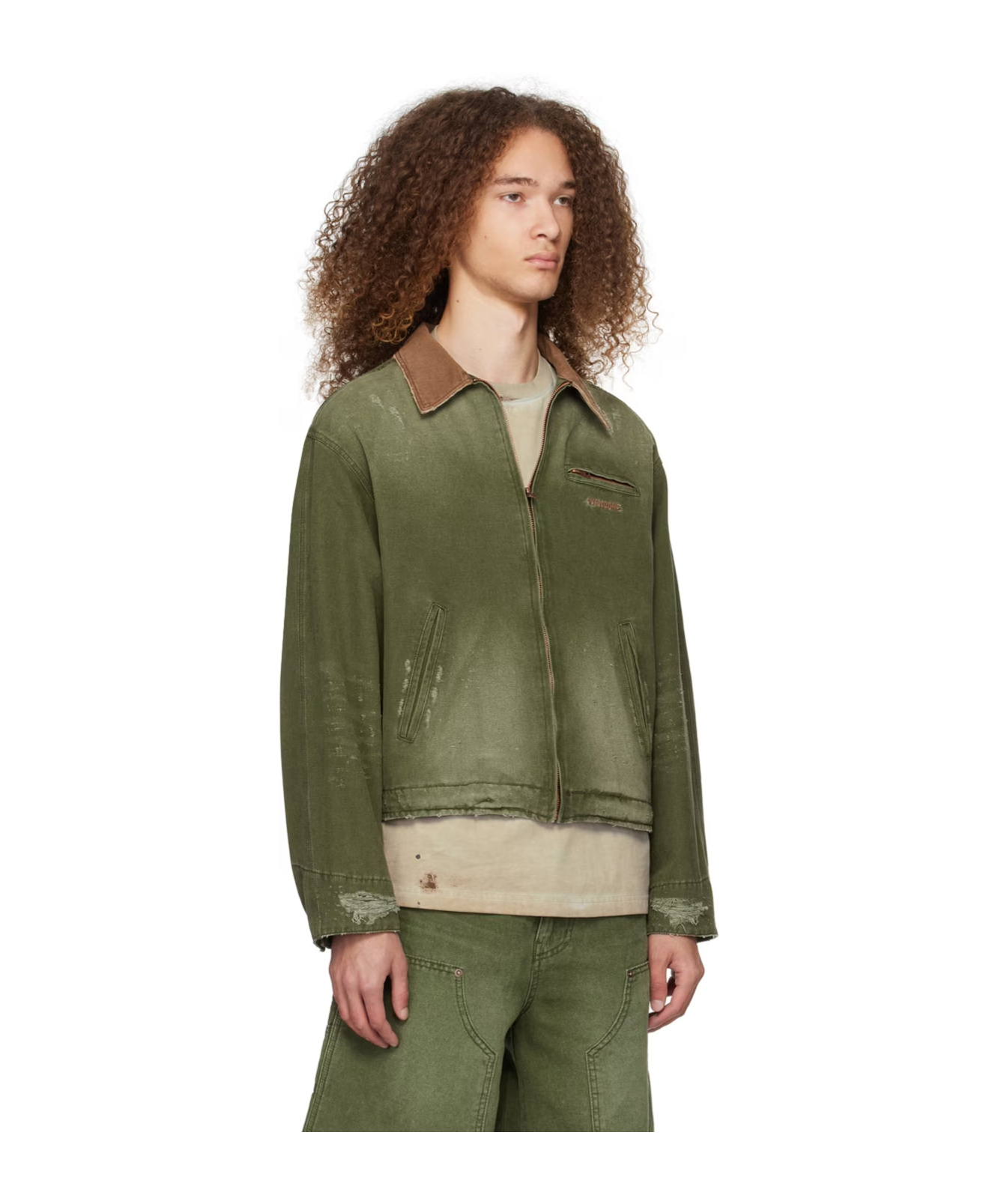 We11 Done Logo Zipper Denim Coat In Green