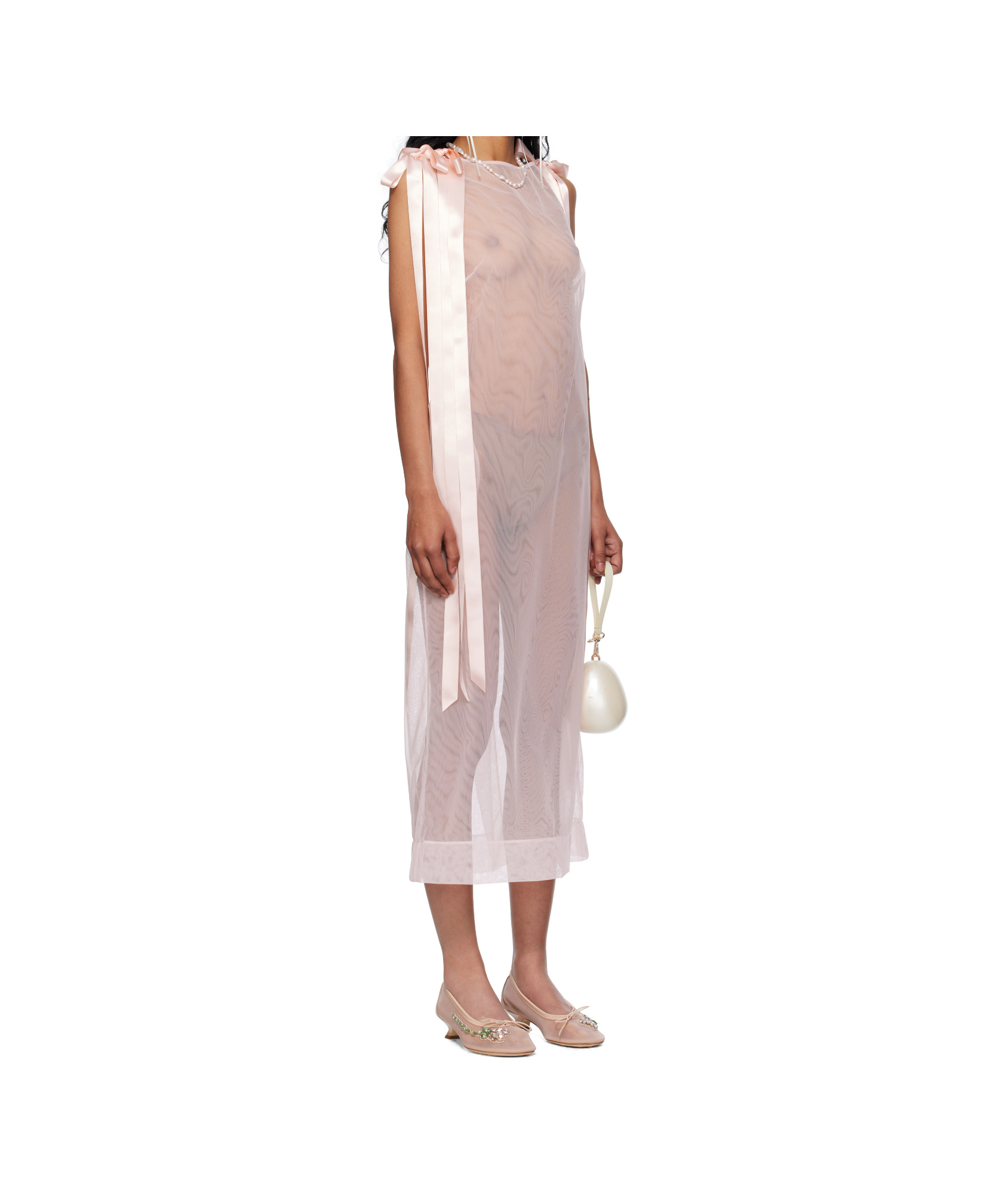 Simone Rocha Pink Sheer Bow Ribbon Tail Midi Dress In Pink