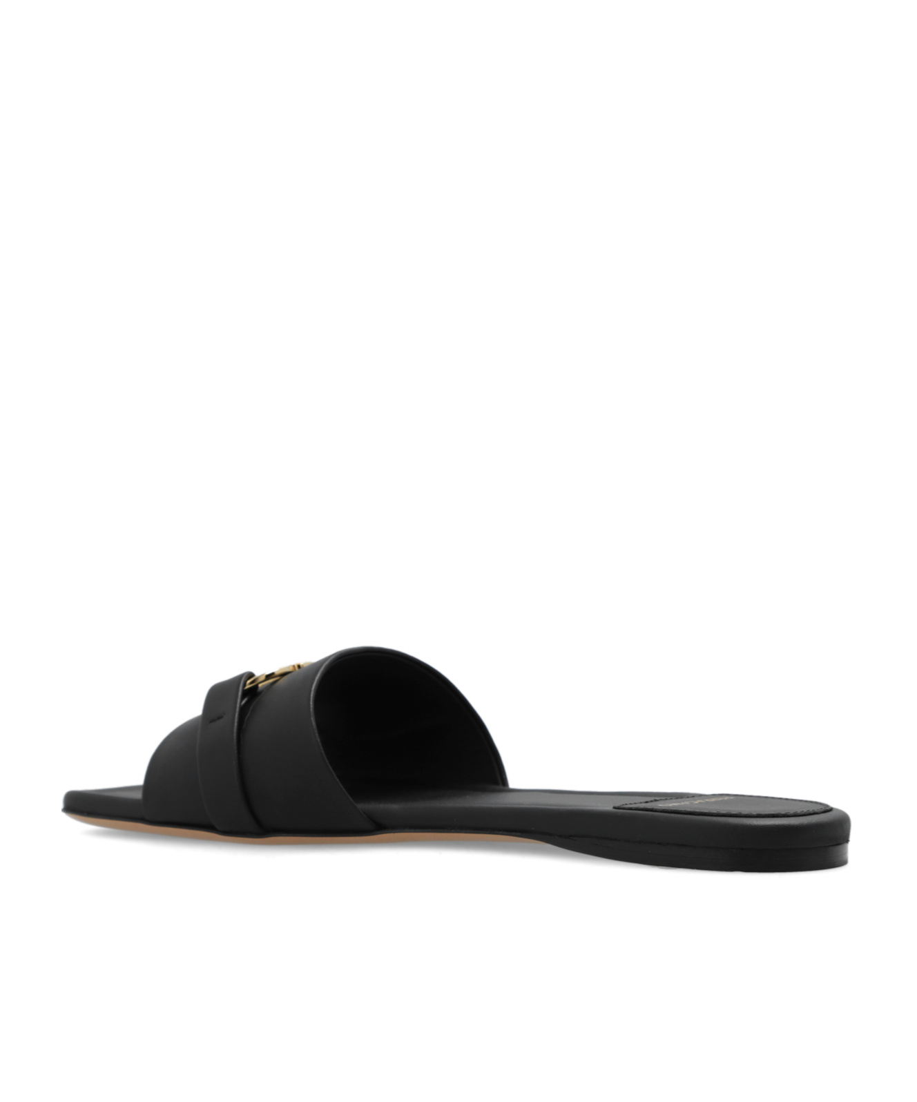 Ferragamo Leather Slides With Flat Sole And Gold-tone Hardware In Black