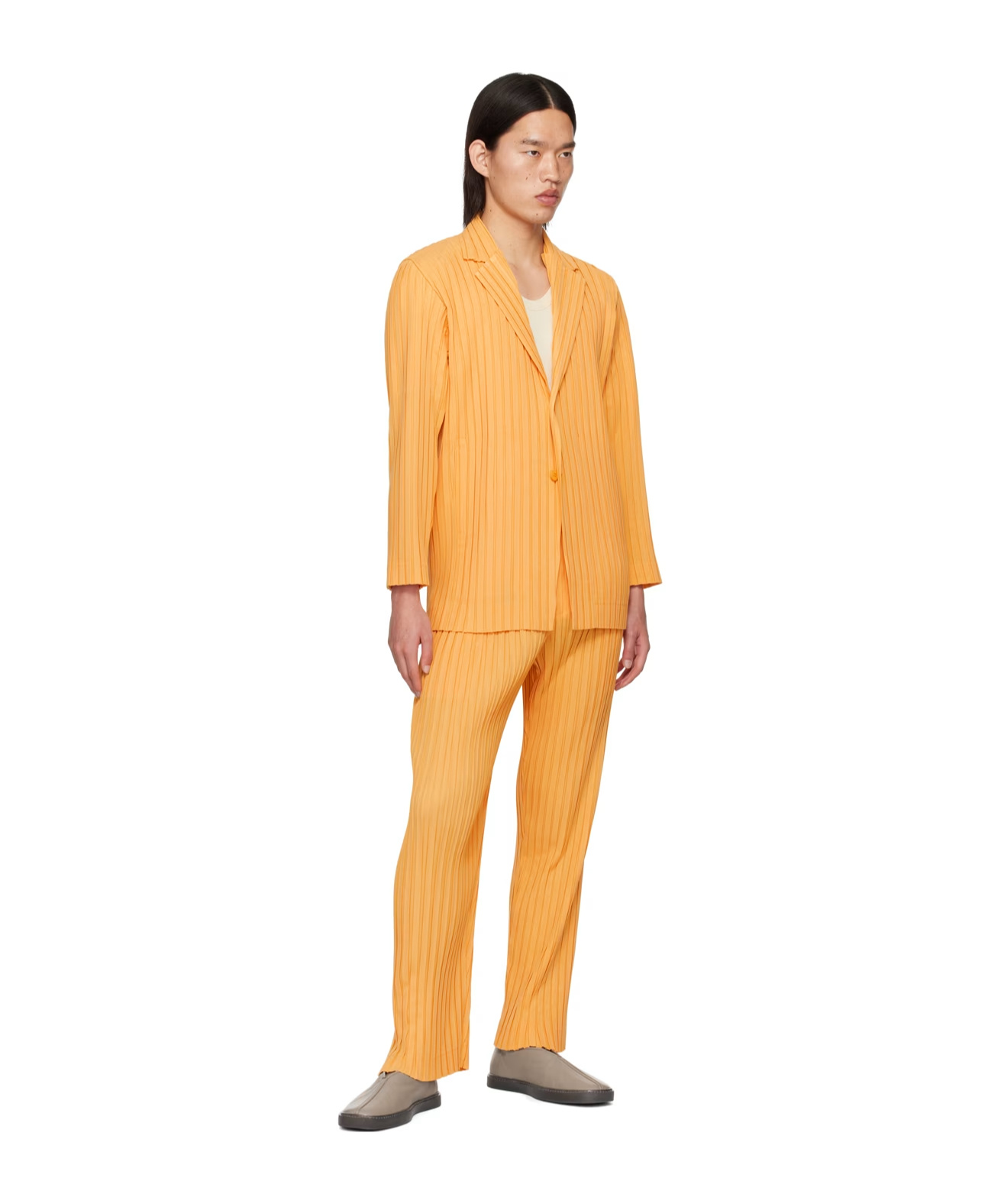 Issey Miyake Pleated Design Blazer In Orange