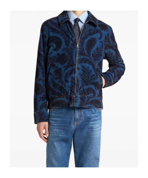 Etro Velvet Bomber Jacket With Print In Blue