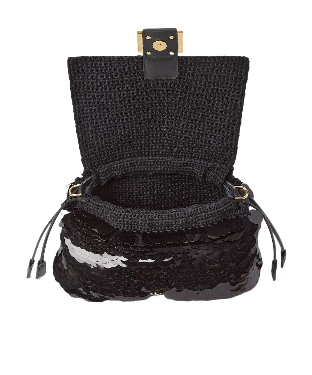 Fendi Mamma Baguette Medium Sequin Crochet Tote In Black