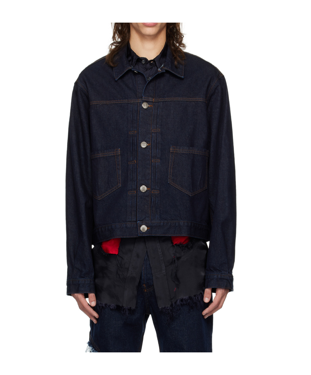 Edward Cuming Navy Knife Pleat Denim Jacket In Blue