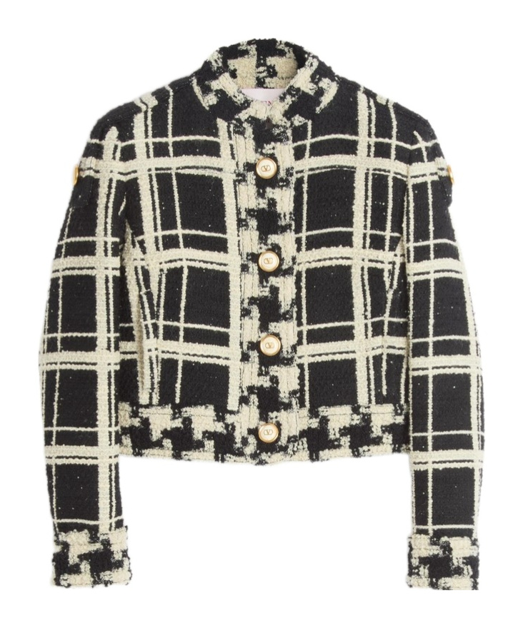 Valentino Womens Tweed Check-print Knitted Jacket Nero Avorio In Black