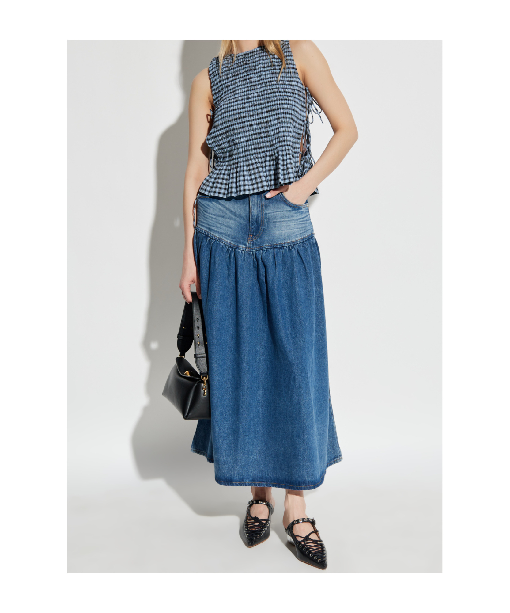 Ganni Denim Banded Maxi Skirt In Blue