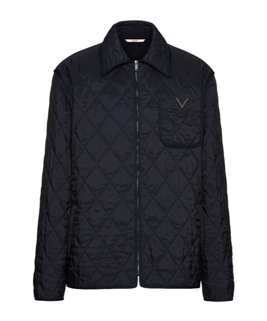 Valentino Quilted Nylon Shirt Jacket With Metallic V Detail In Black
