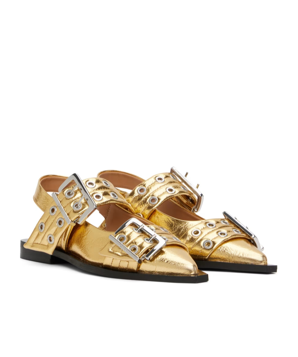 Ganni Buckle Faux Leather Ballet Flats In Nude