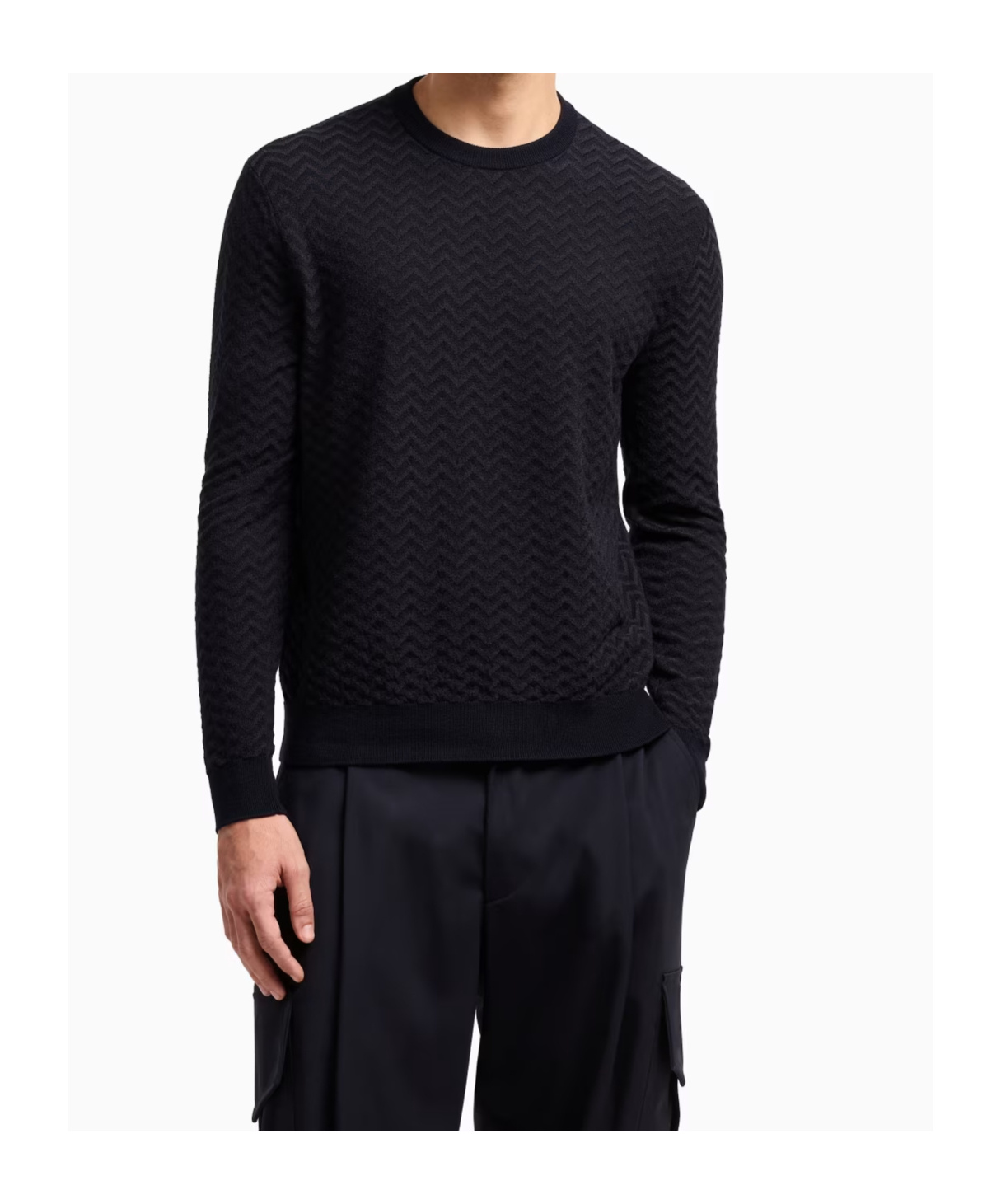 Giorgio Armani Plated Chevron Virgin Wool, Crew-neck Jumper In Blue
