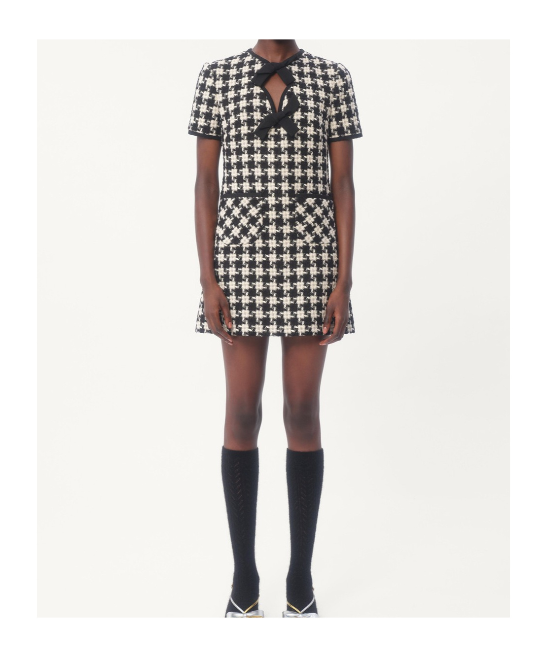 Valentino Embroidered Damier Light Tweed Short Dress In Black