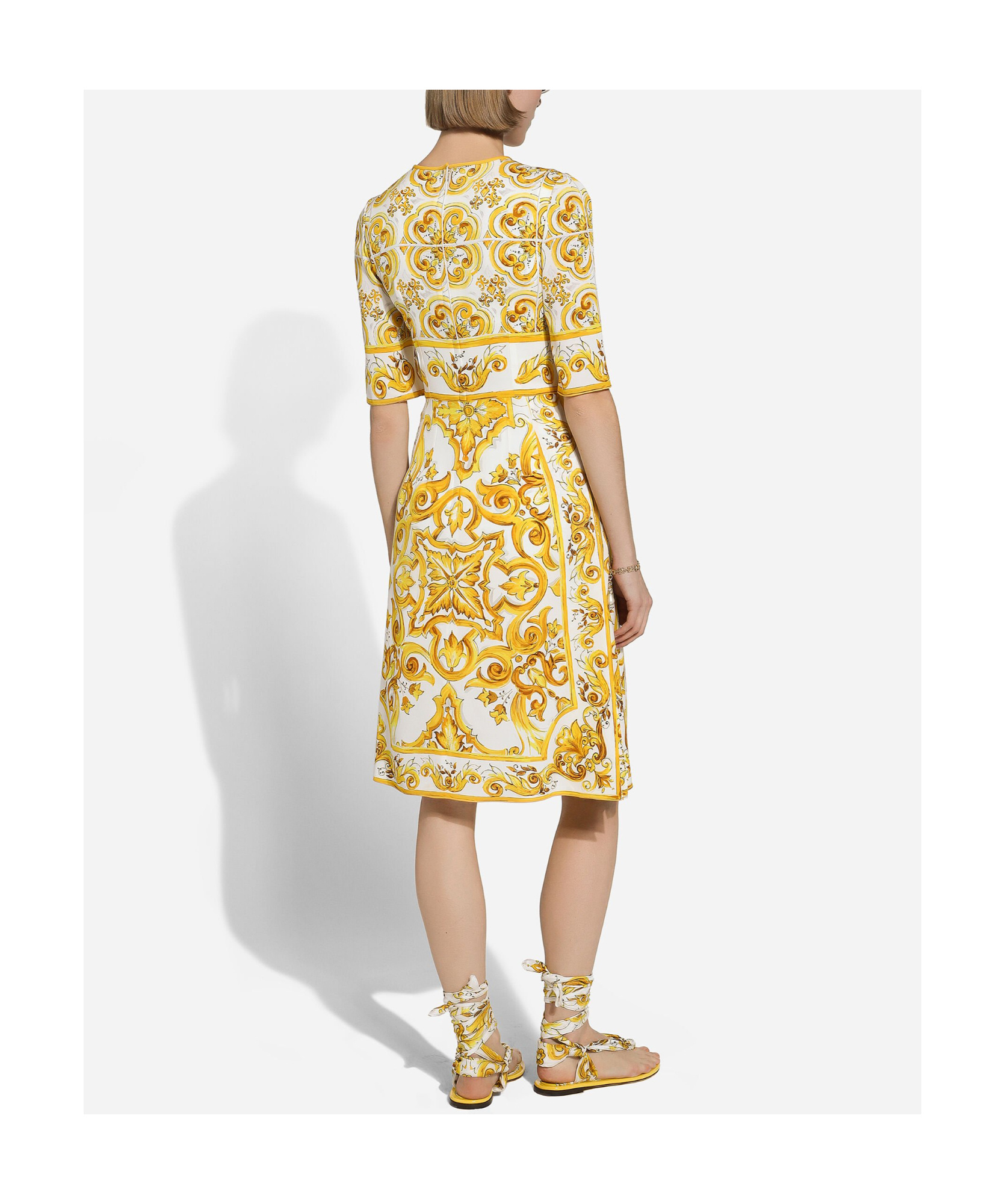 Shop Dolce & Gabbana Majolica Silk Crepe Dress In Yellow