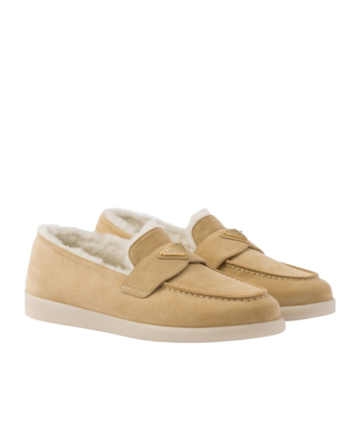 Prada St Tropez Suede Shearling Loafers In Brown