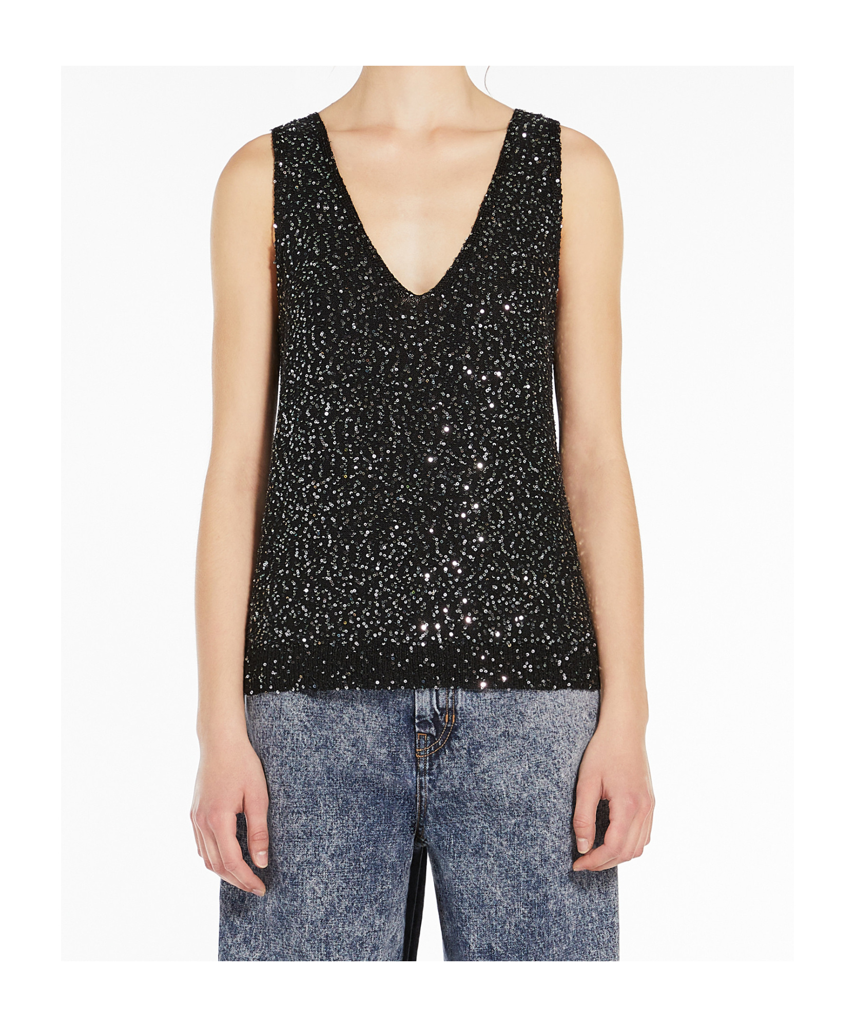 Weekend Max Mara Sequin Embellished V-neck Top In Black