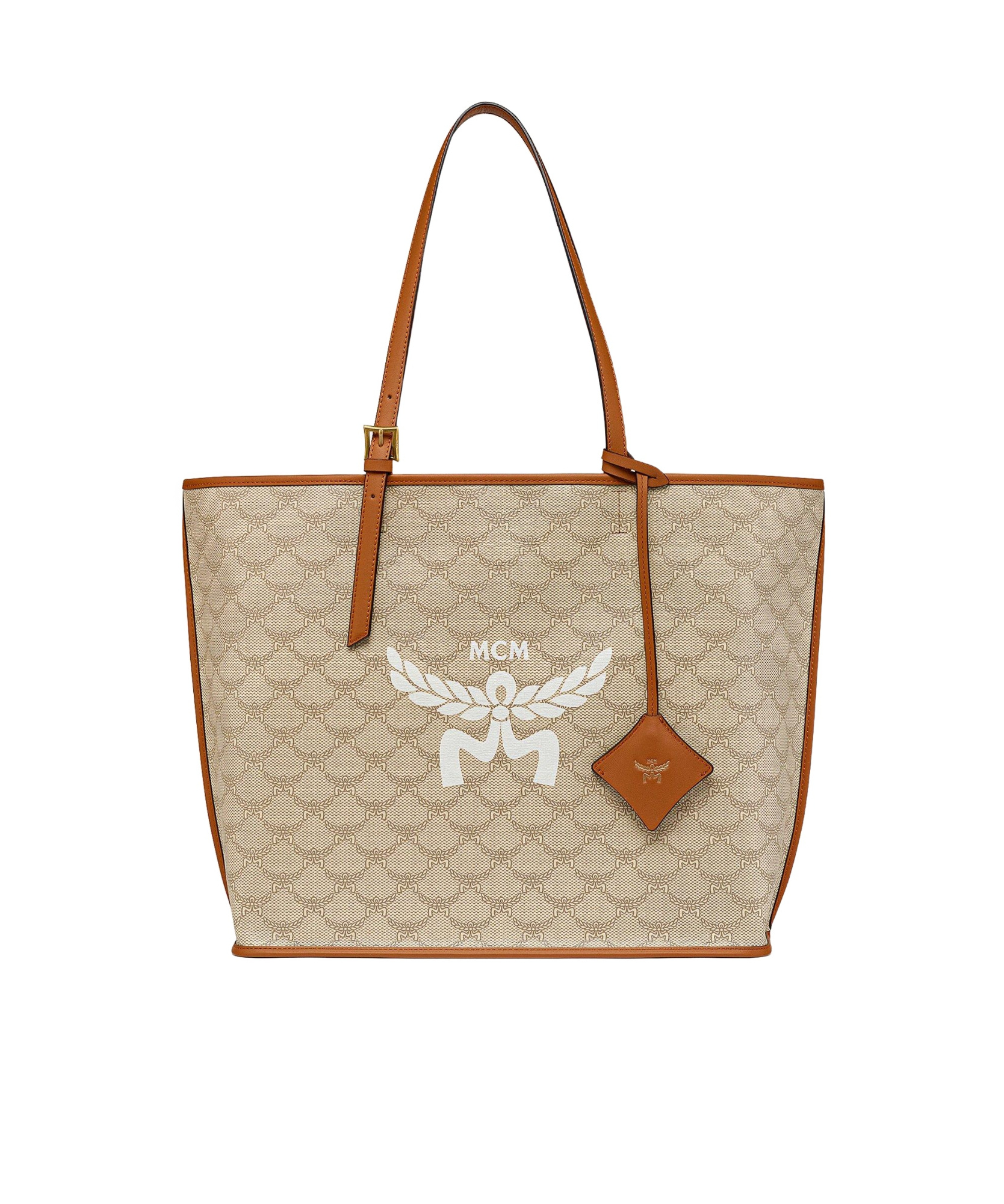 Mcm Medium Himmel Lauretos Logo Printed Tote Bag In Beige/oatmeal