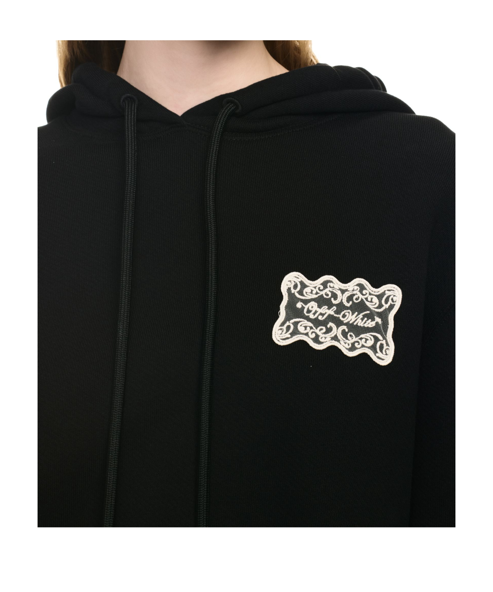 Off-white Lace Logo Appliqué Cotton Hoodie In Black