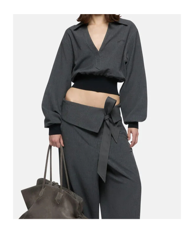 Attico Banded-cuff Collared Top In Gray