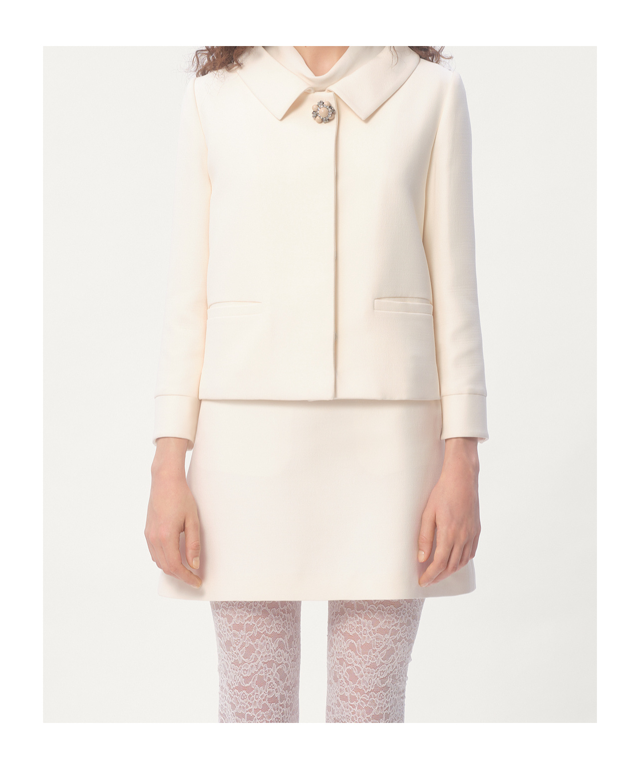 Valentino Garavani White Jacket With Spread Collar And Front Jewel Button In Wool And Silk Woman In White