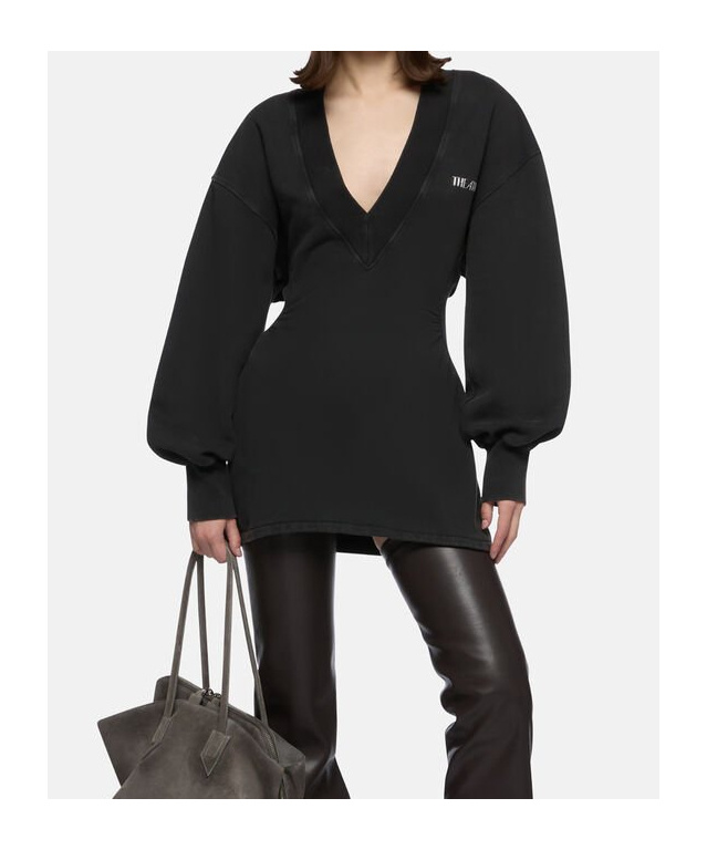 Attico V-neck Mini Dress With Embossed Logo In Black