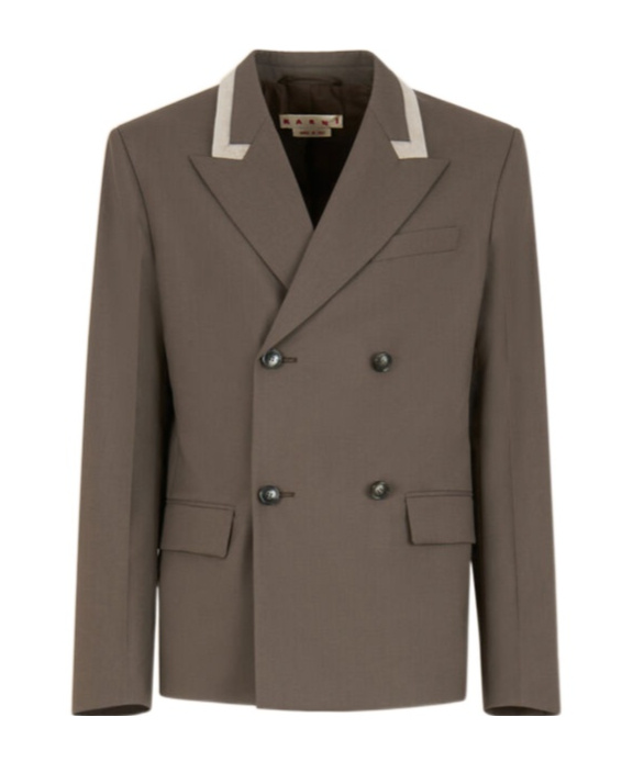 Marni Grey Double-breasted Wool Blazer With  Mending In Brown