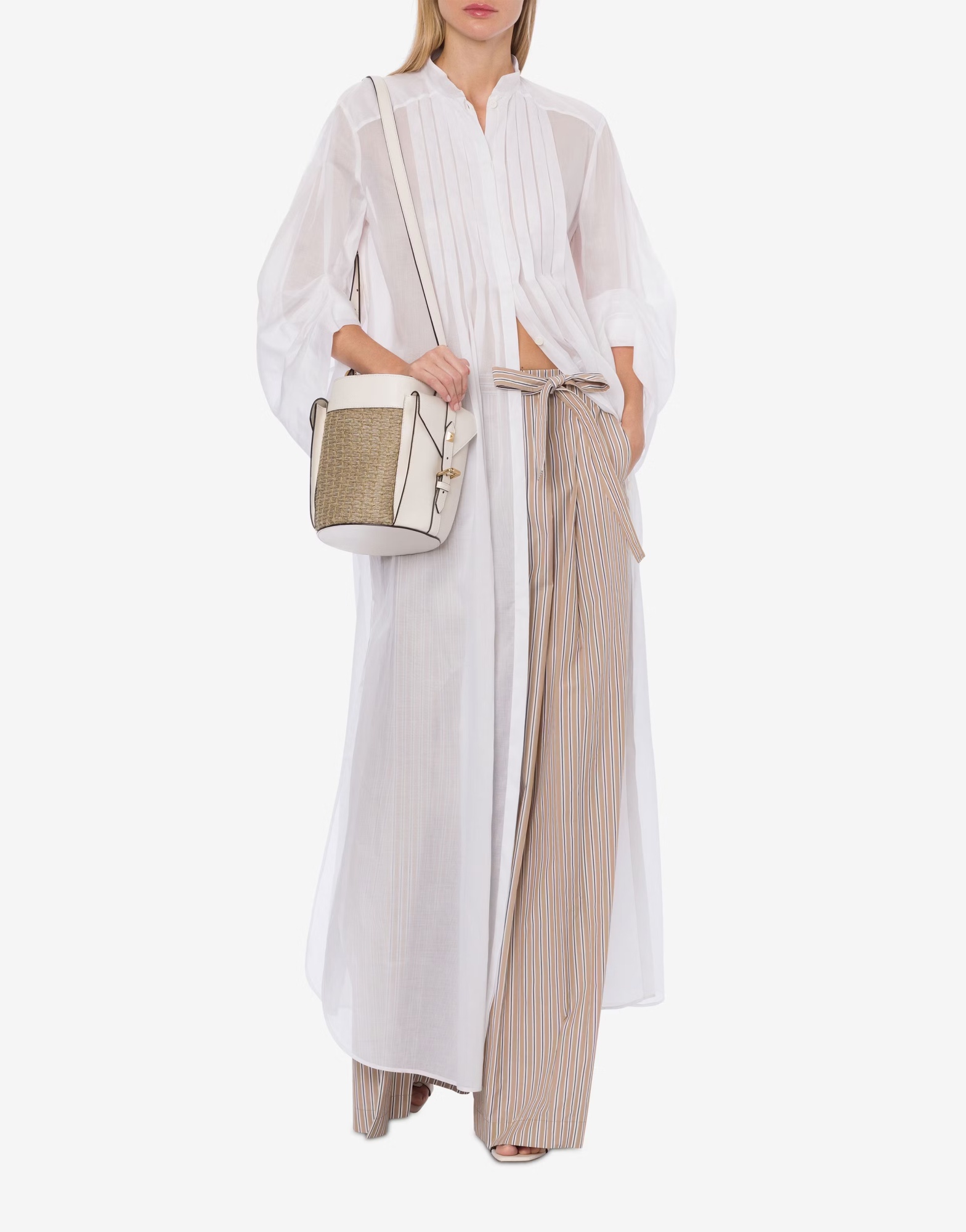 Alberta Ferretti Striped Poplin Belted Wide Pants In Nude