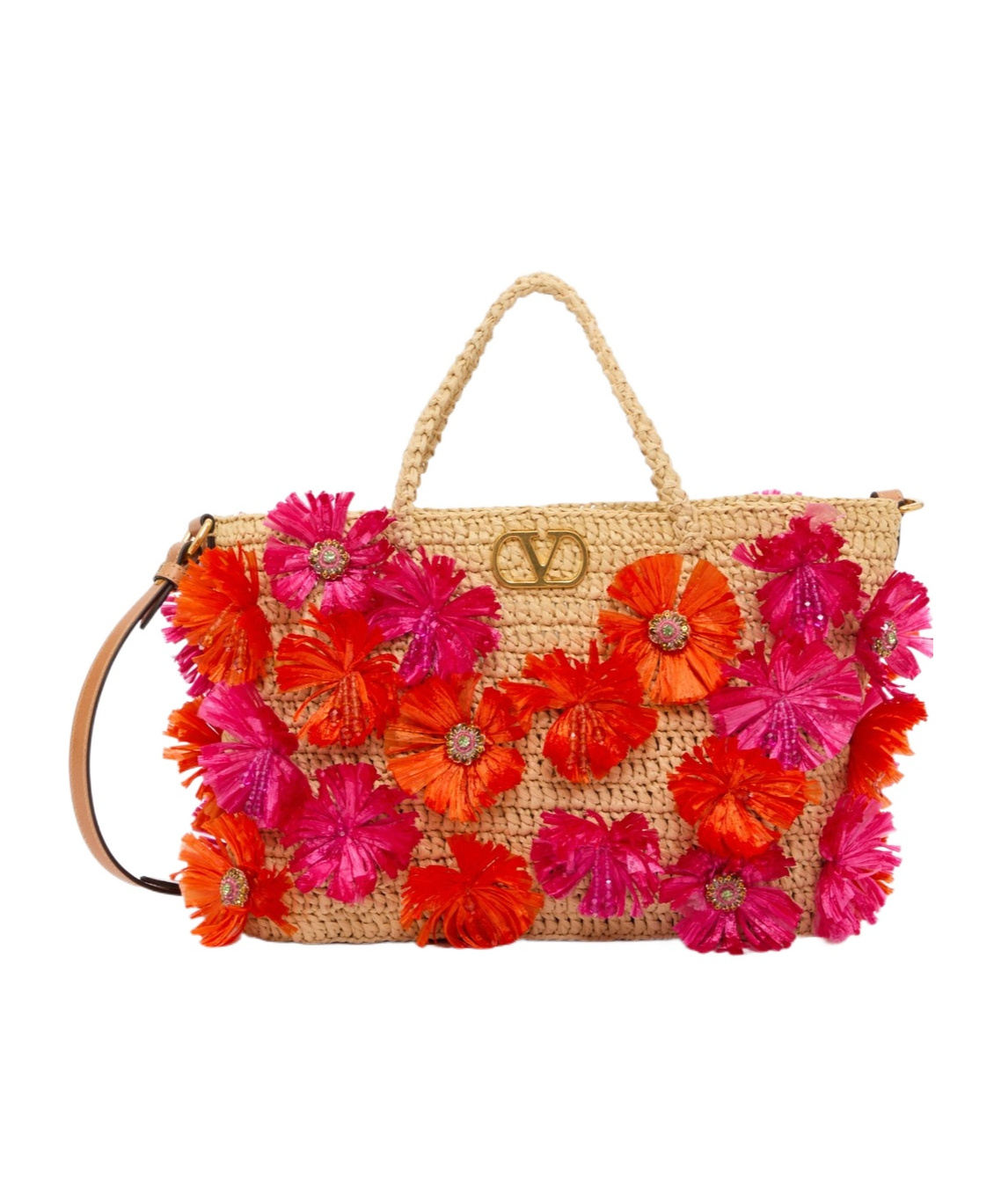 Valentino Borsa Shopping Vlogo Signature In Rafia Decorata  Donna In Natural/rose/natural Camel