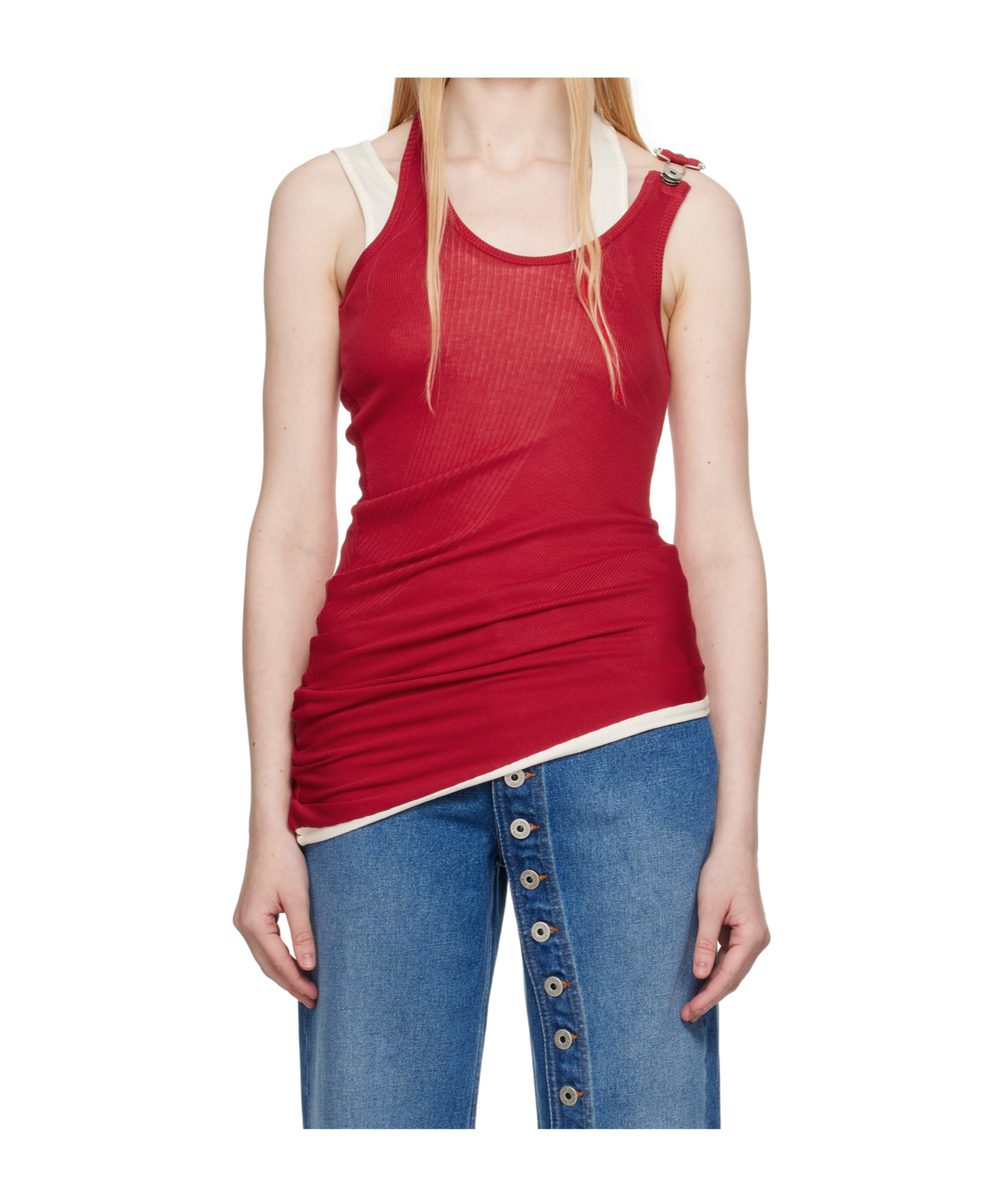 Jean Paul Gaultier Ribbed Twisted Double Layer Cotton Tank Top In Red