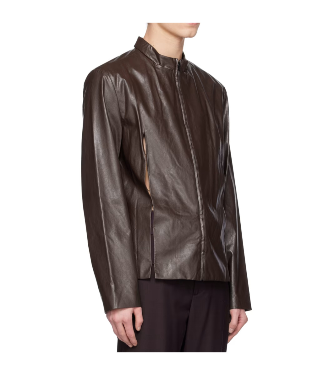 Open Yy Slit Faux Leather Jacket In Brown