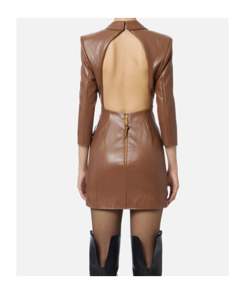 Elisabetta Franchi Crackled Leather-effect Dress With Lapels In Brown