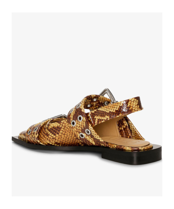 Ganni Brown Snake Feminine Buckle Flats In Brown