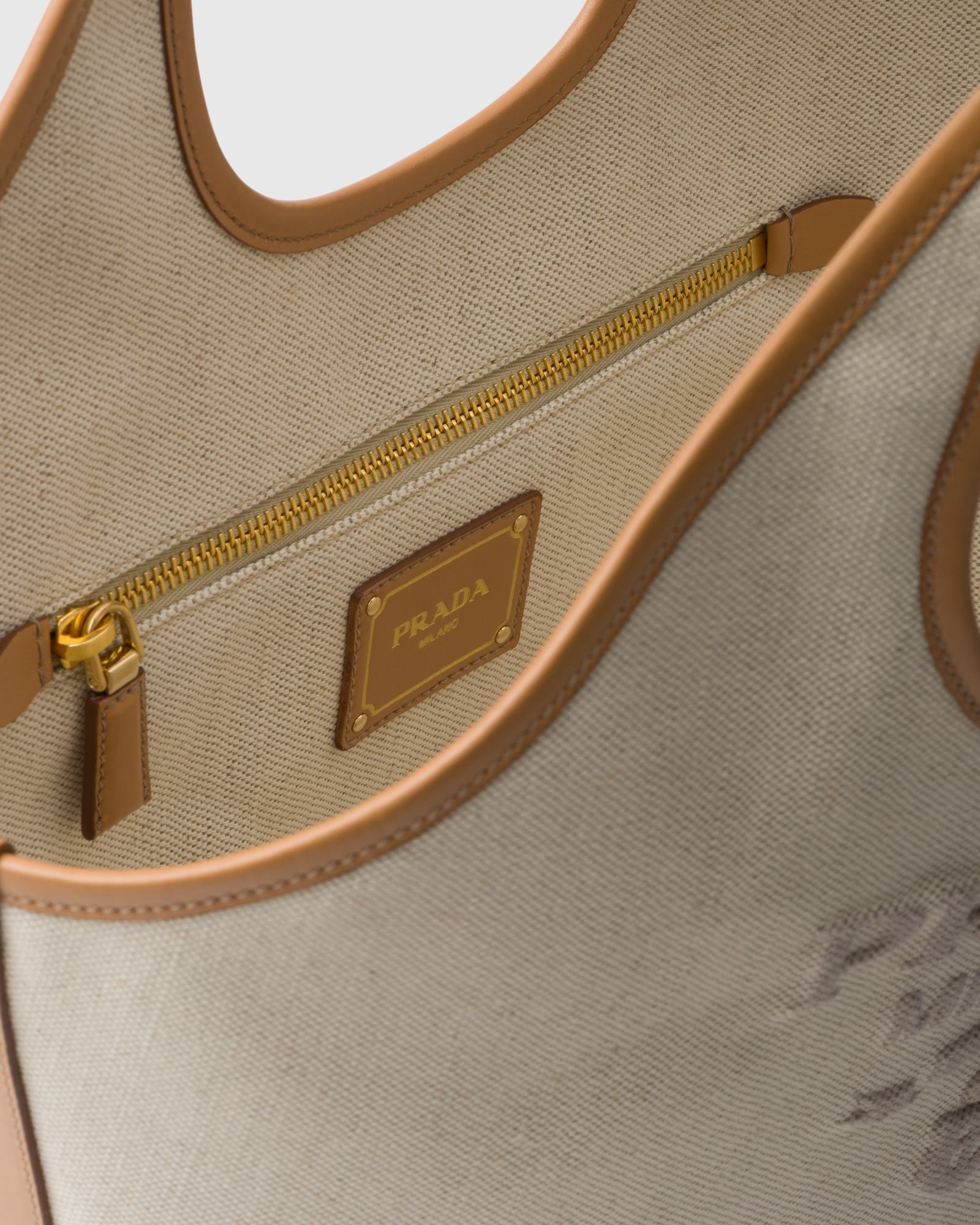 Prada Triangle Shape Canvas Handbag With Leather Trim In Nude