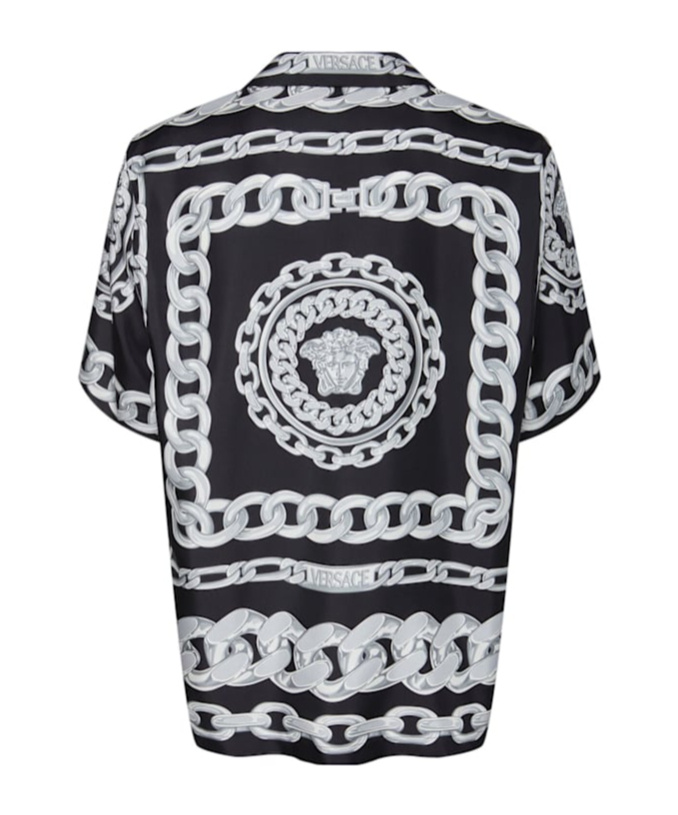 Versace Black And White Bowling Shirt With Cuban Collar And All-over Chain-link Print In Silk Man
