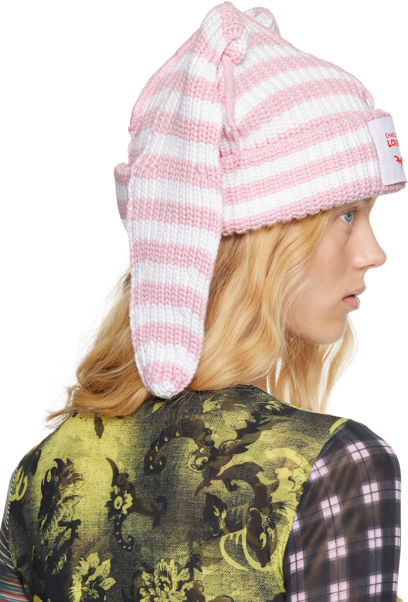Charles Jeffrrey Loverboy Chunky Rabbit Beanie In Pink And White Stripes