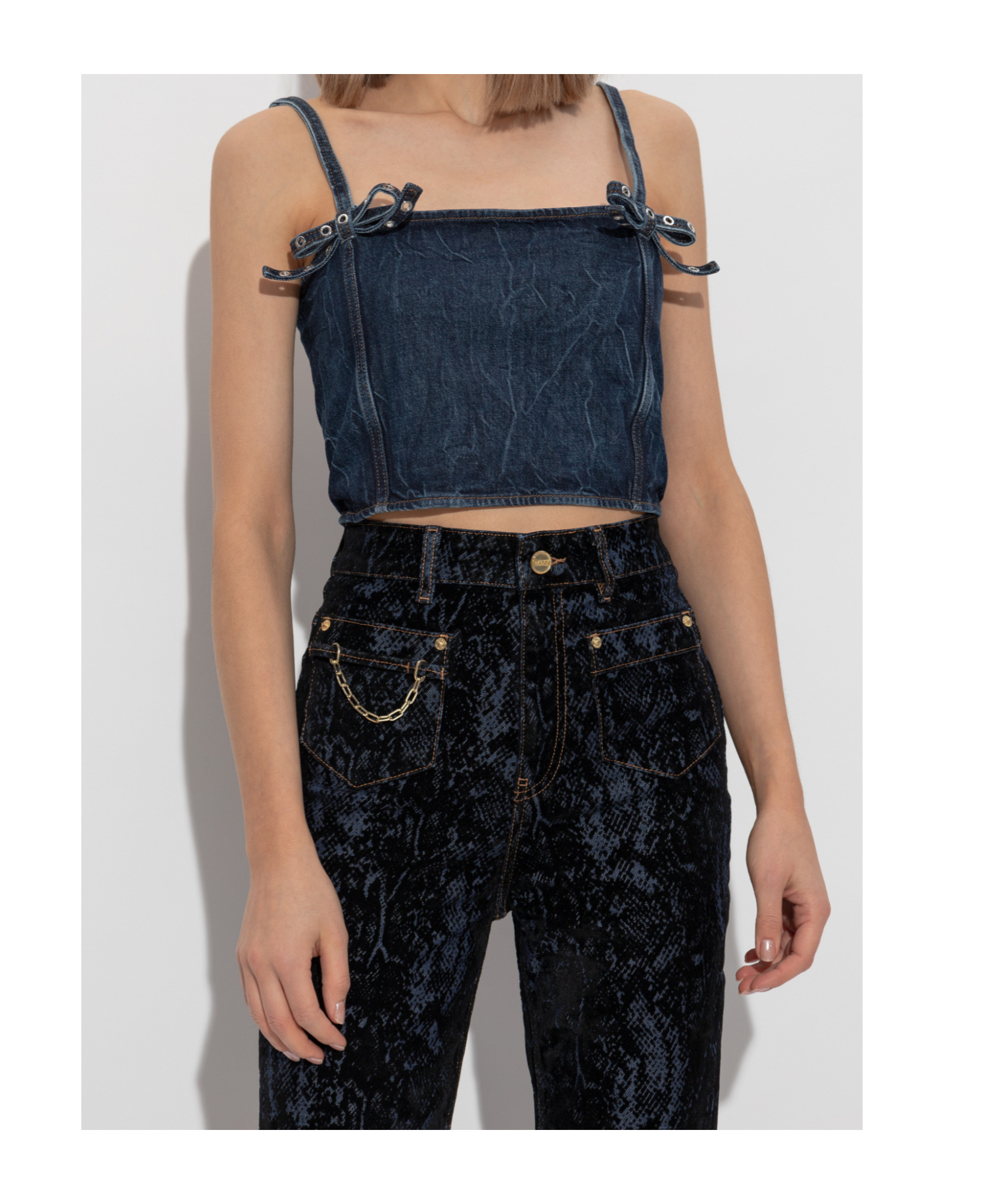 Ganni Crinkled Future Denim Strap Top Mid Blue Stone In Black