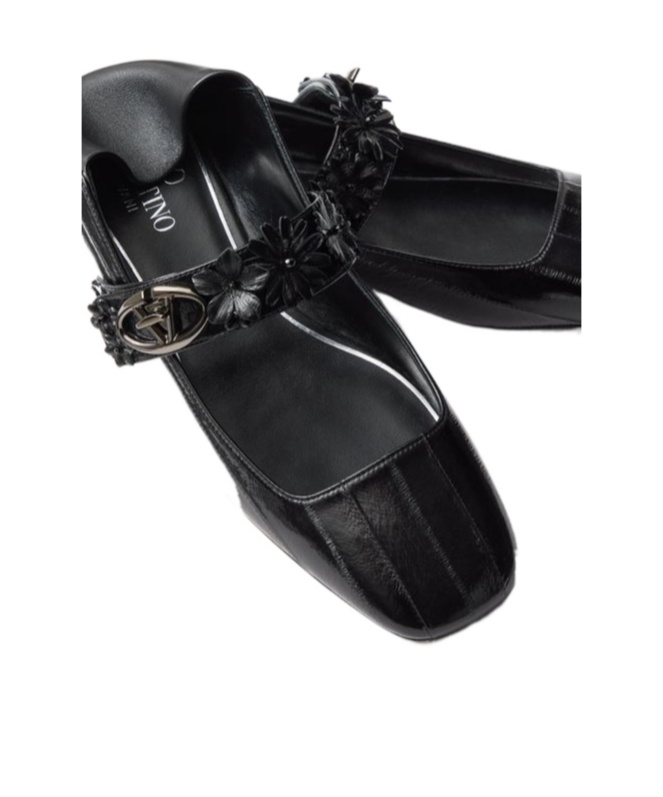 Valentino Garavani Vlogo Locker Mary-jane Ballerina In Eel With Flower Application Woman Black 37.5 In Black