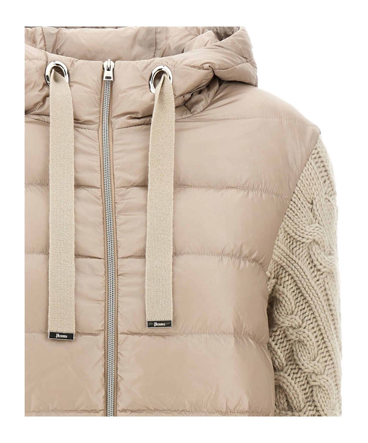 Herno Long Padded Hooded Jacket With Knitted Sleeves In Nude