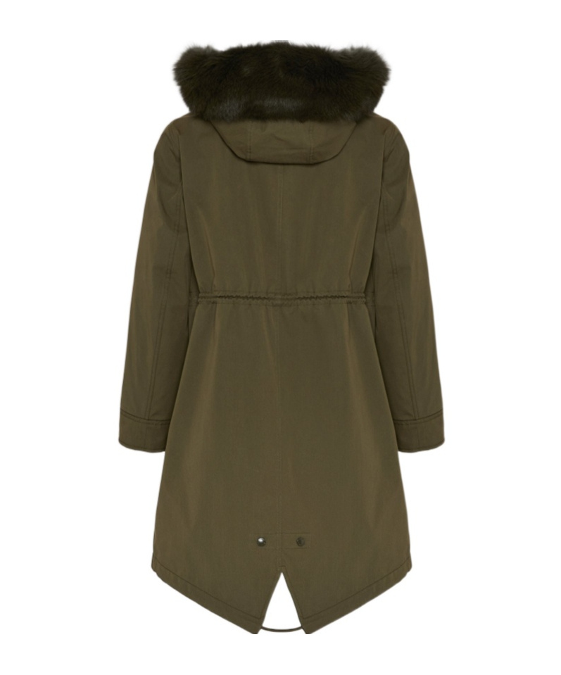 Yves Salomon Long Iconic Parka In Waterproof Cotton Blend With Fox And Rabbit Fur In Green