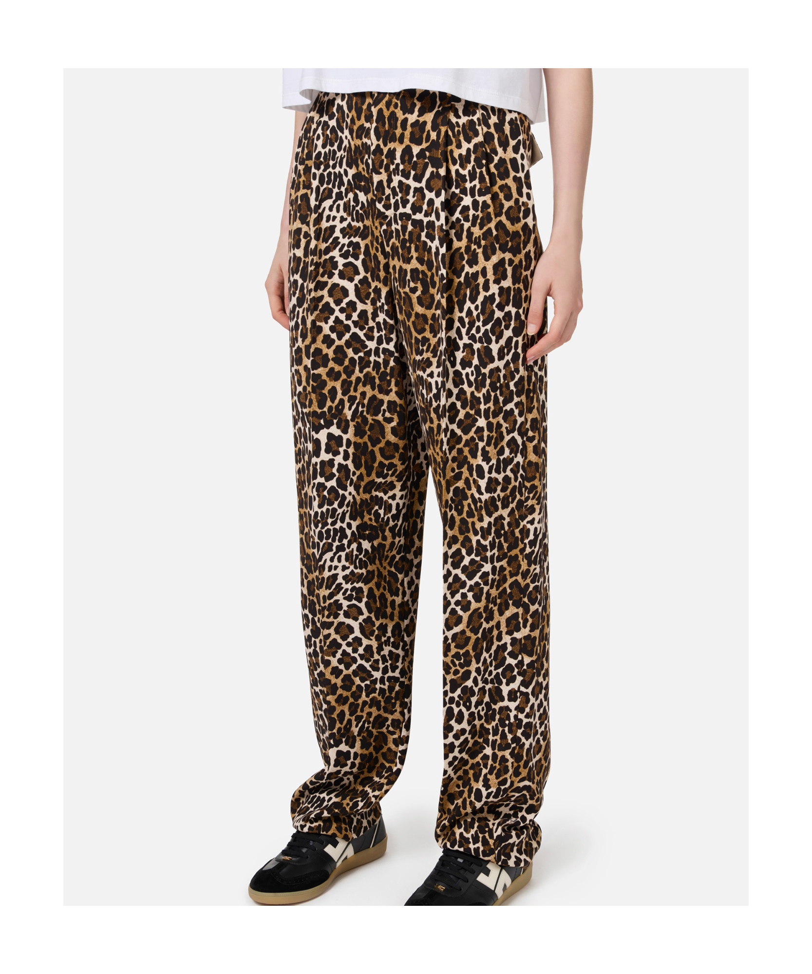 Elisabetta Franchi Pleated Crepe Trousers With Animal Print In Black