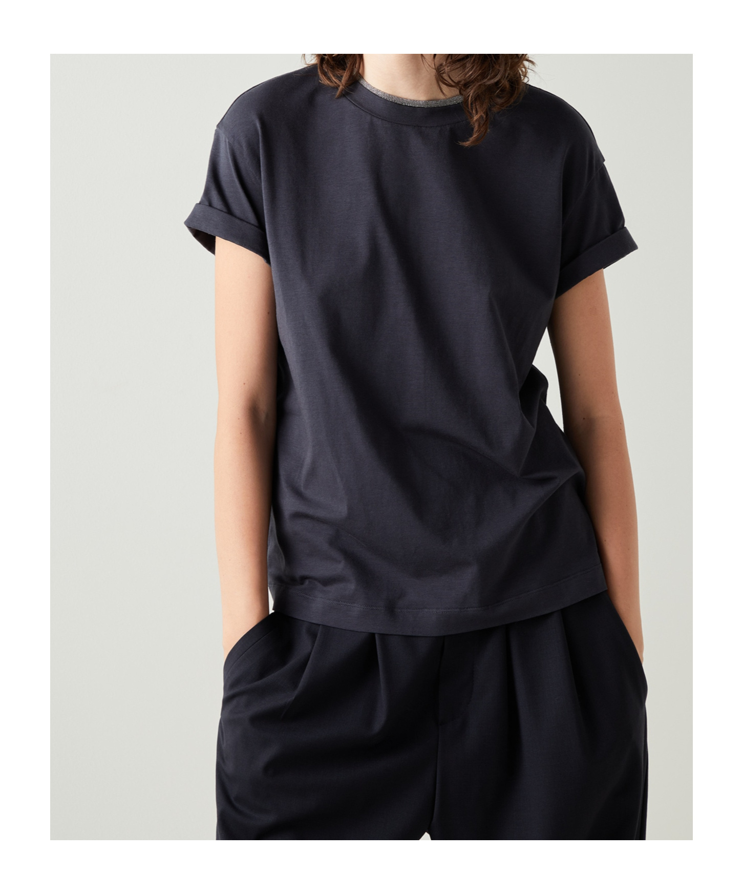 Brunello Cucinelli Blue Crewneck T-shirt With Monil Detail On The Collar And Rear Cut-out In Cotton Stretch Woman In Blue