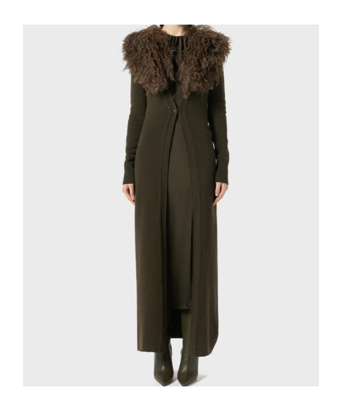 Blumarine Green Long Dress With Removable Feather Collar In Wool Woman In Green