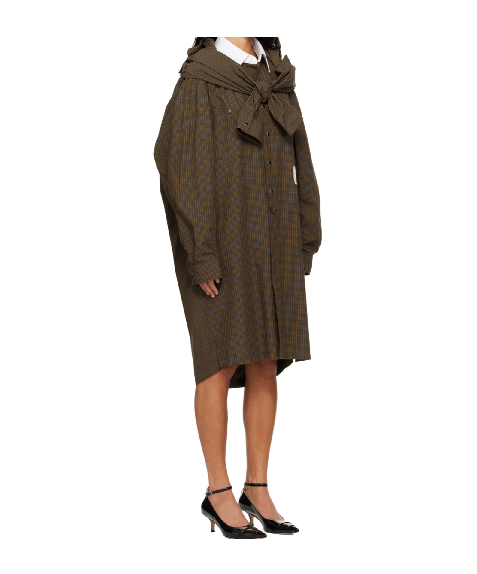 Miharayasuhiro Brown Sleeve Layered Check Shirt Midi Dress In Brown