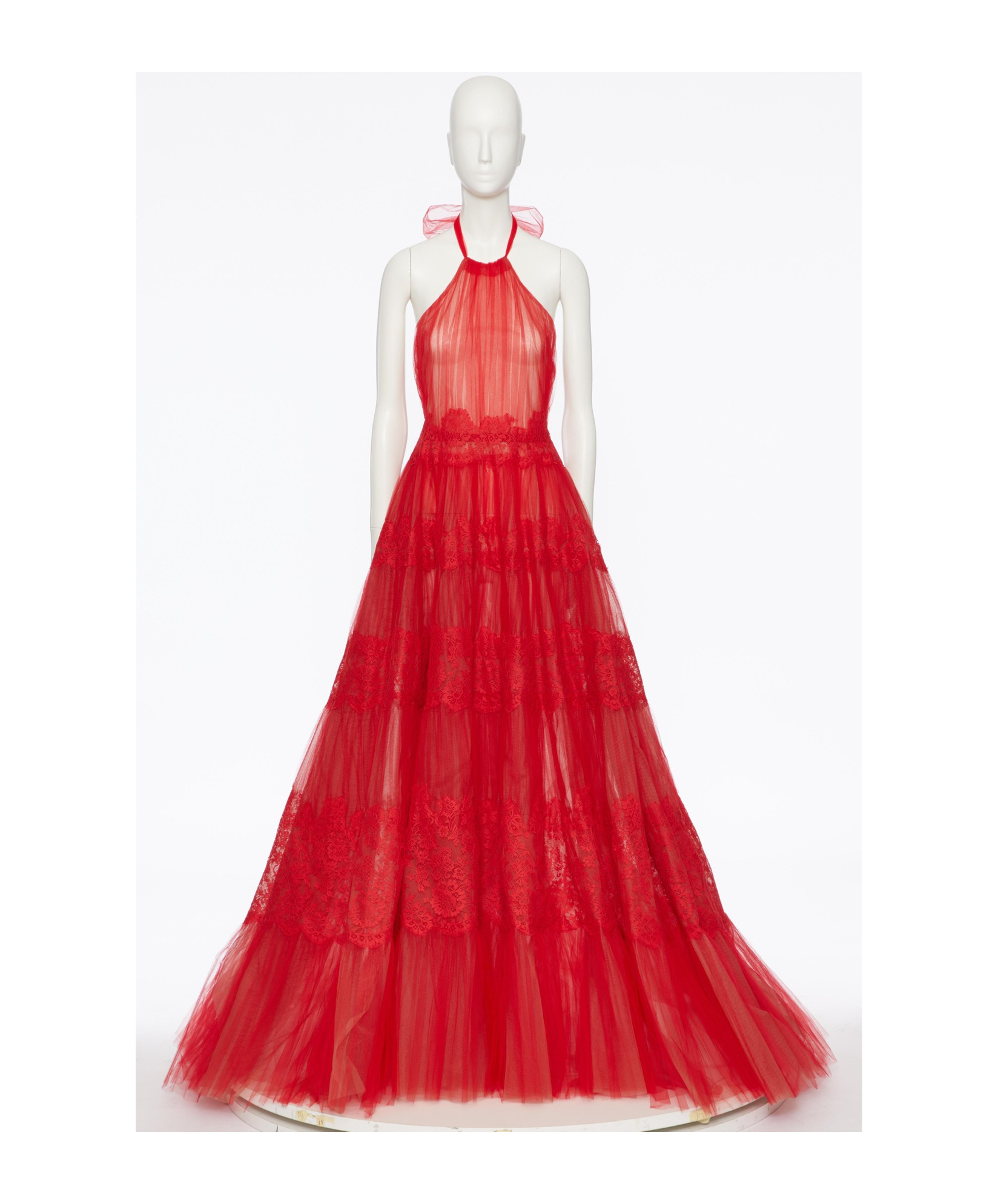 Valentino Sheer Tulle Lace Panel Halter Backless Gown In Rose