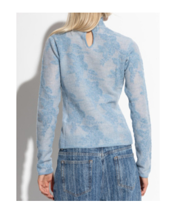 Ganni Flower-jacquard Mockneck Sweater In Blue