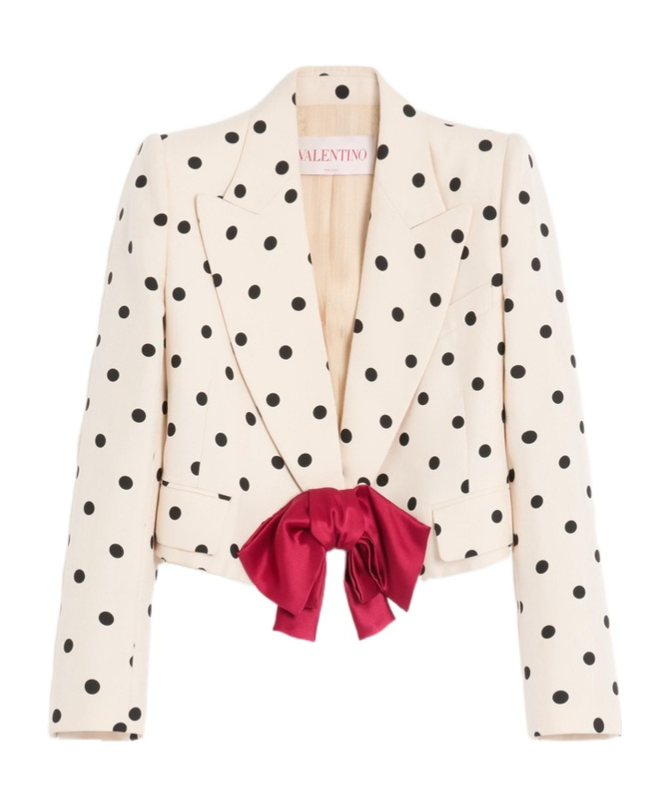 Valentino Bow-embellished Polka-dot Silk-shantung Jacket In White