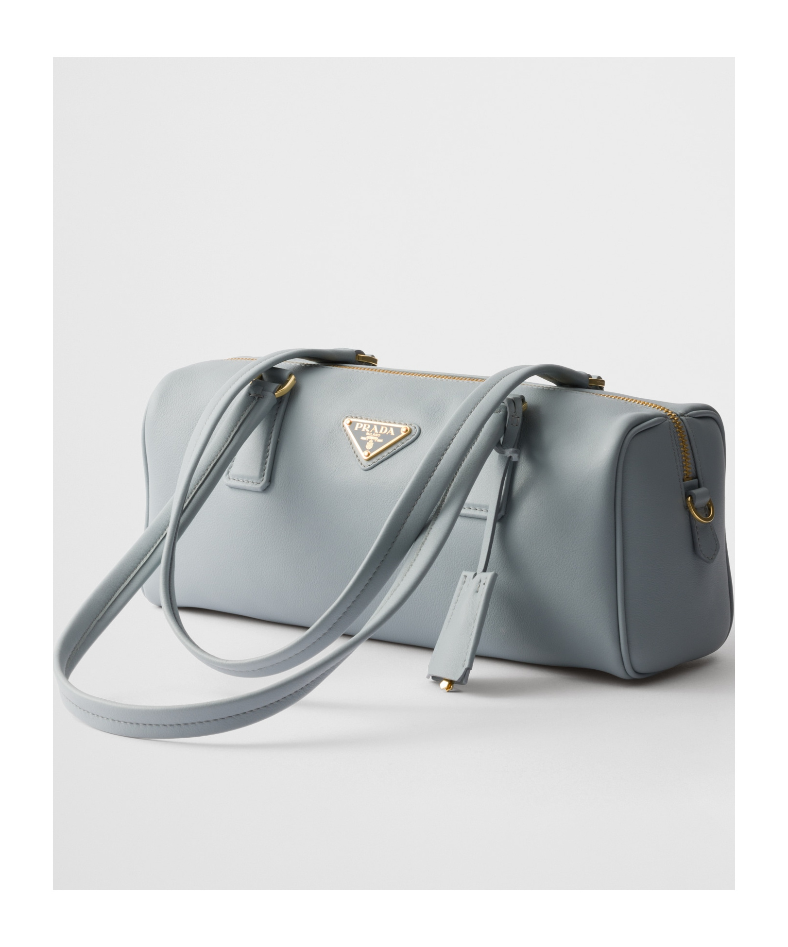 Shop Prada Medium Leather Top-handle Bag With Padlock In Gray