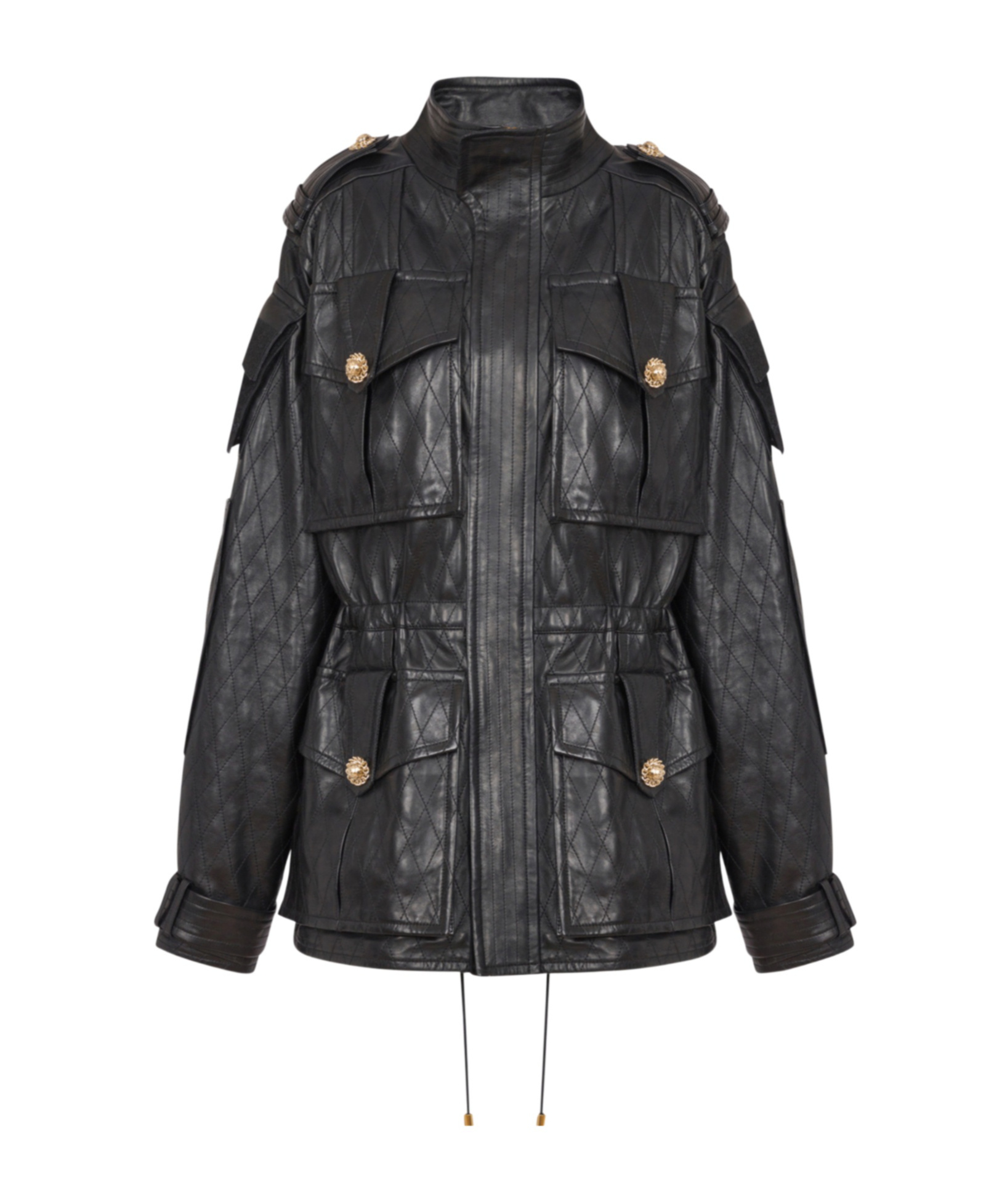 Balmain Lambskin Leather Parka With Topstitched Diamond Pattern In Black