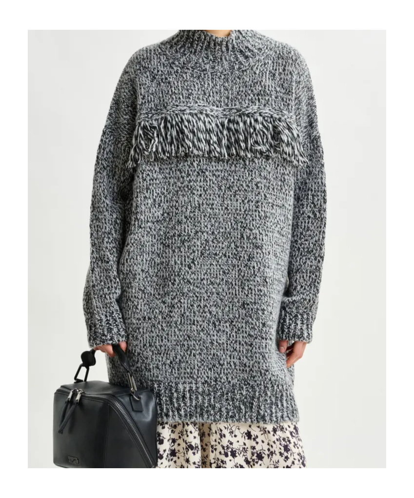 Essentiel Antwerp Grey And Black Wool-blend Sweater With Fringe Details In Gray
