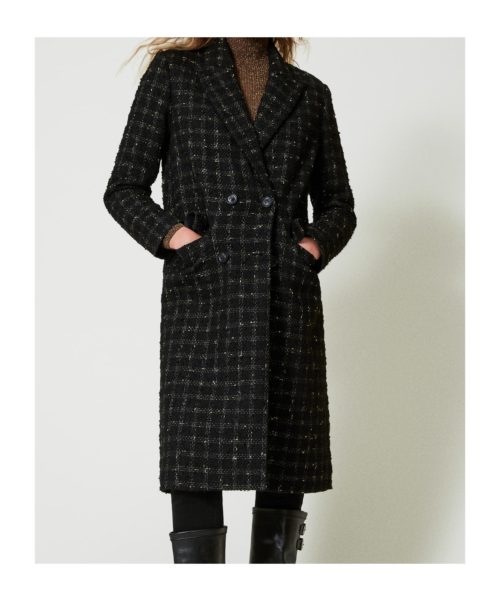 Shop Twinset Check Pattern Bouclé Coat In Black