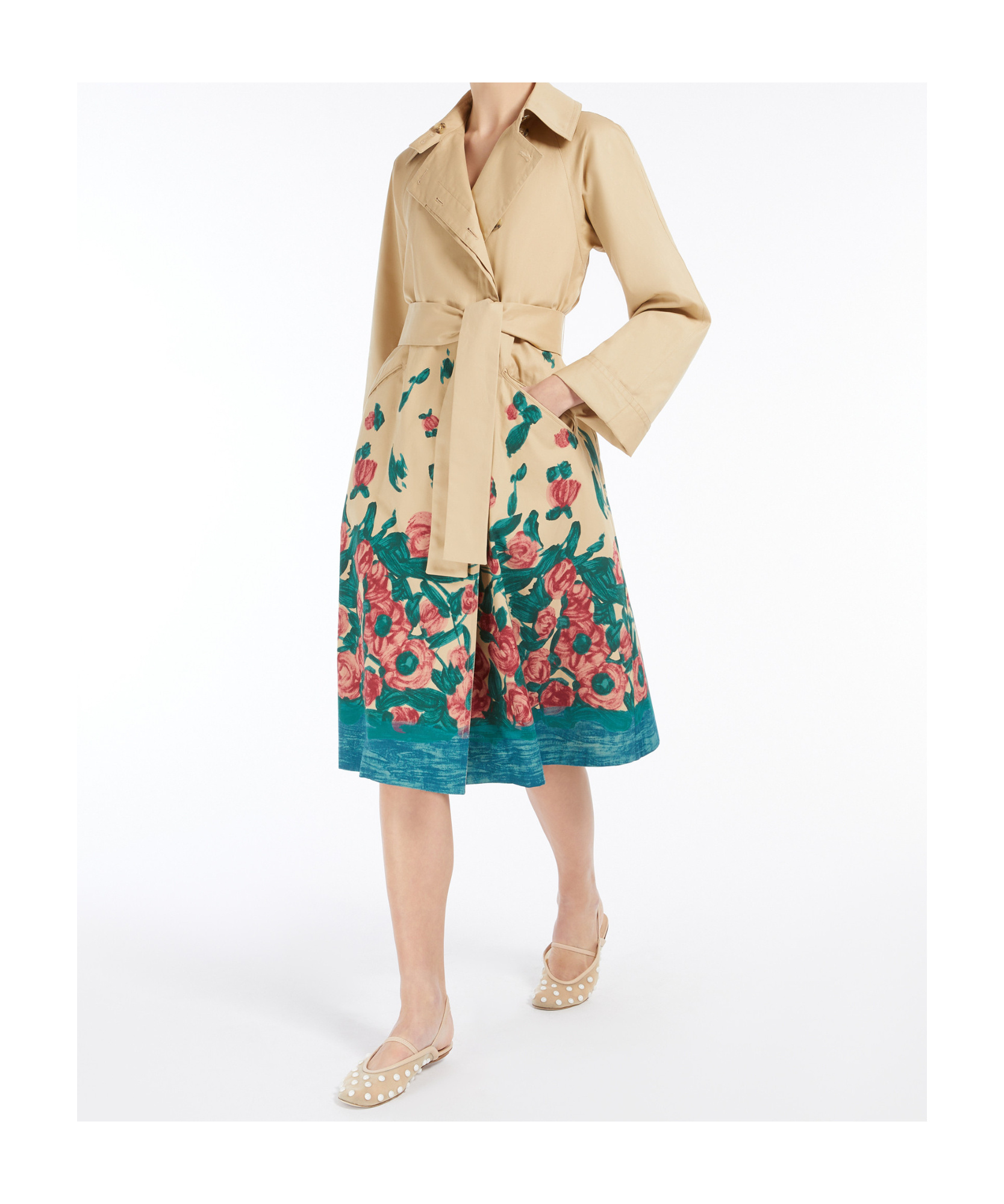 Weekend Max Mara Omens Beige Pesco Floral-print Cotton-gabardine Trench Coat In Beige
