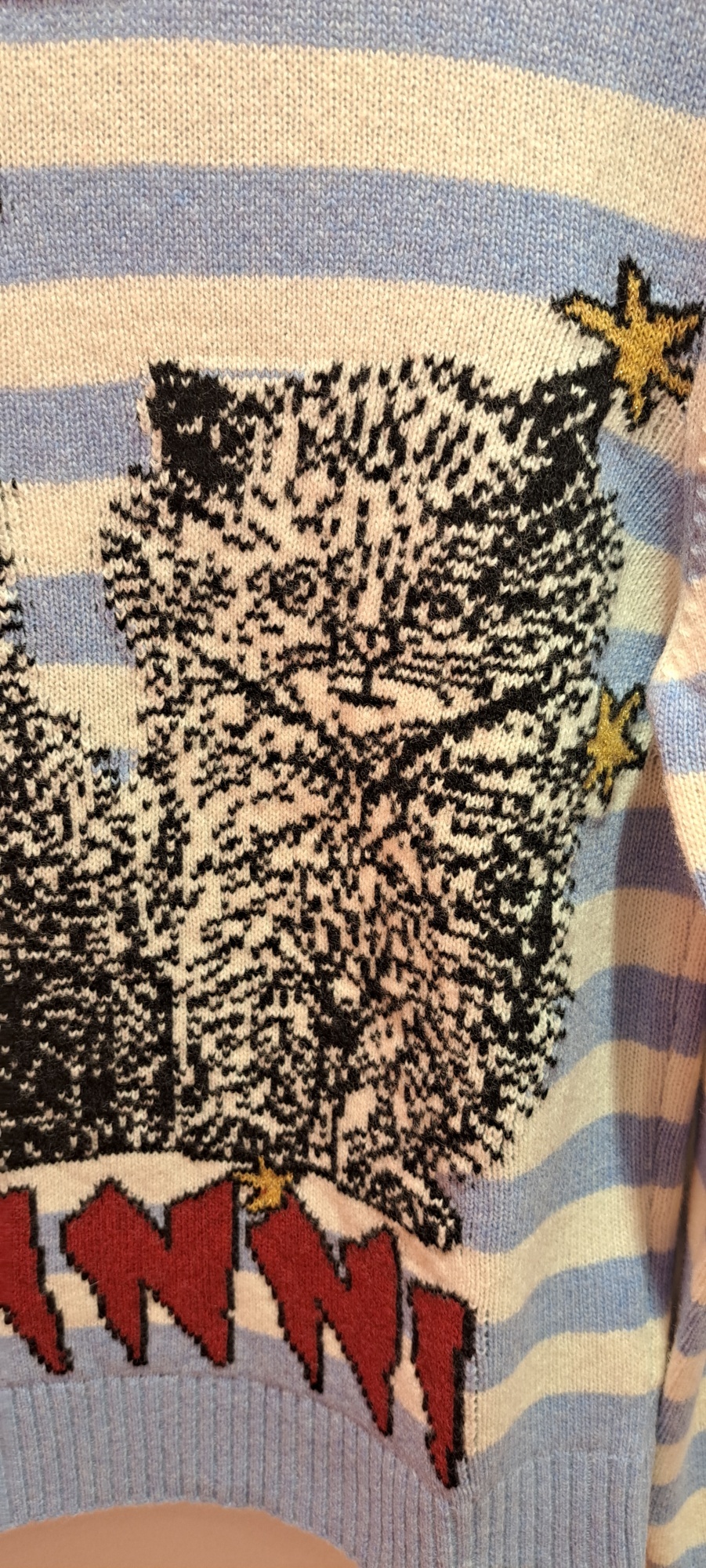 Ganni Light Blue Crewneck With Maxi Logo Print On The Front And All-over Striped Motif In Multicolor